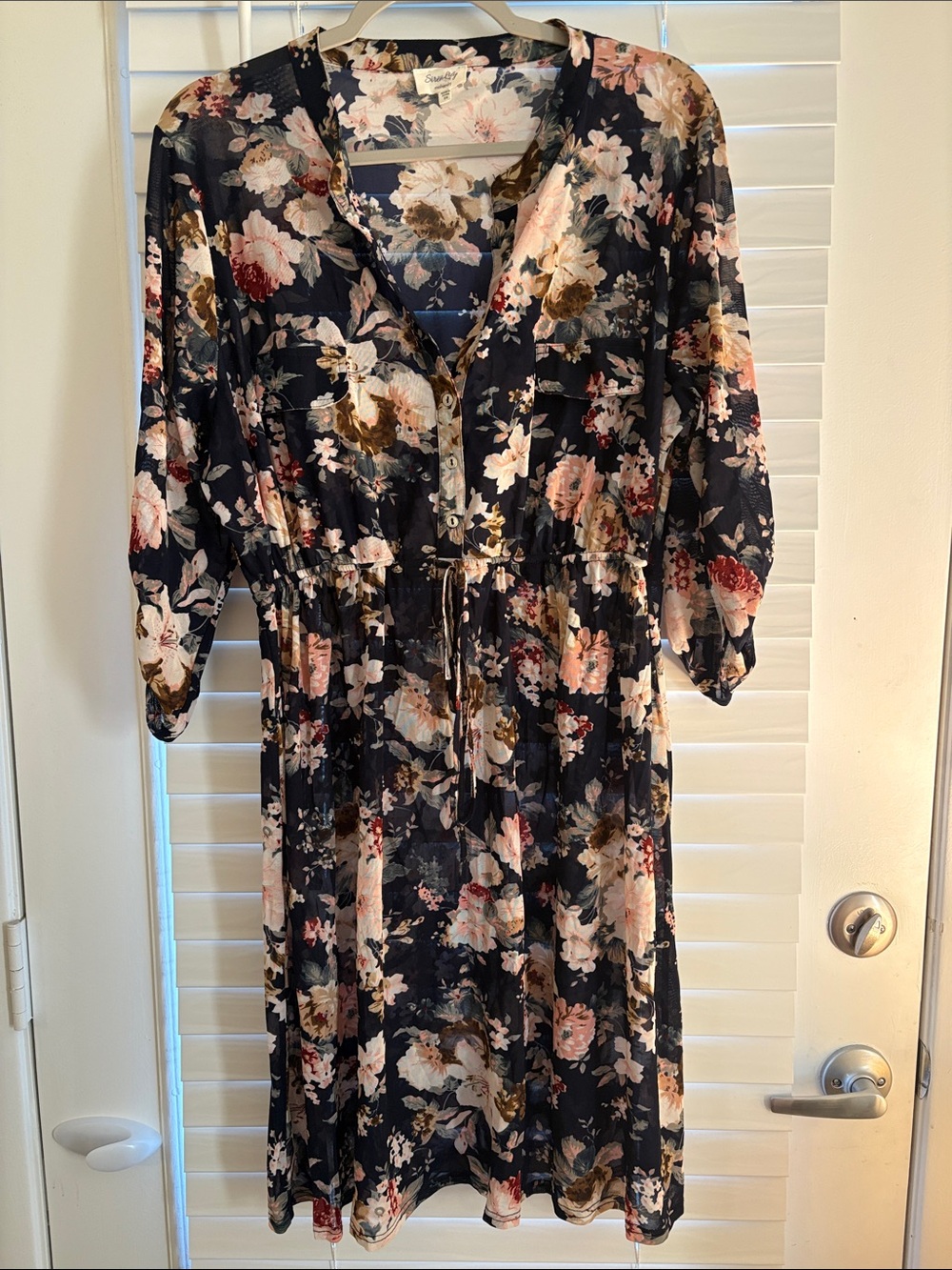Floral Midi Maternity Sheer Dress with Tie Waist Roll up Sleeves SZ 2X